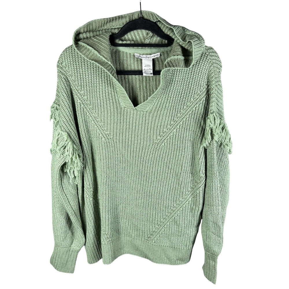 American Rag Sweater Women‎ M Hedge Green Hooded Fringe V-Neck Knit